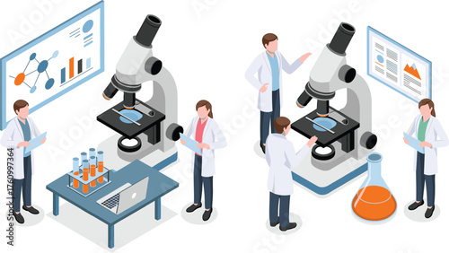 isometric 3d illustration of scientists working in laboratory with microscopes, chemical flasks, data screens, and biotechnology research analysis