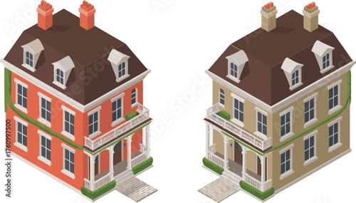 isometric 3d illustration of two elegant townhouse buildings with classic architecture, balcony railings, brick roof, windows, and green vines