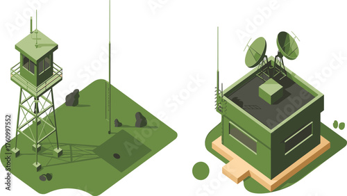 Isometric 3D illustration of two military communication buildings, radar satellite station and observation tower in desert base environment