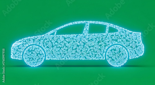 Eco-friendly Car Made of Leaf Pattern Neon Light on Green Background