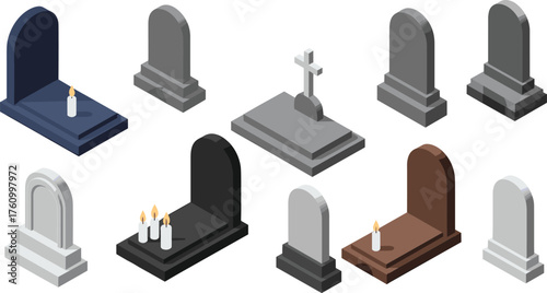 Isometric 3D tombstone collection with candles, grave monument set, funeral memorial symbols, realistic vector illustration of headstones, mourning design elements