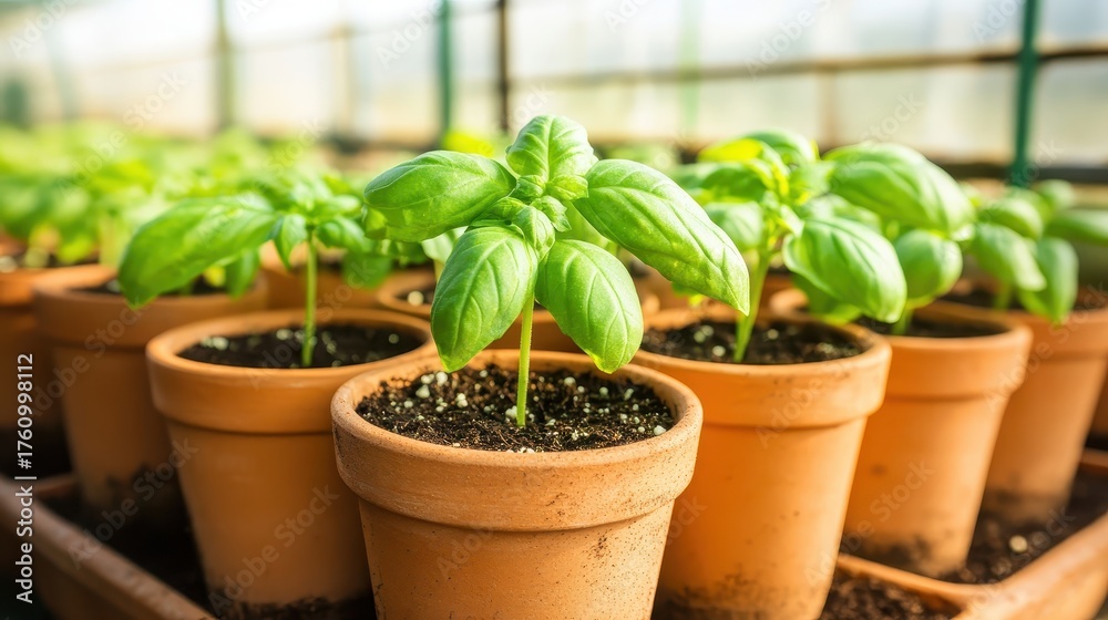 Fototapeta premium Basil plants flourishing in terracotta pots outdoors