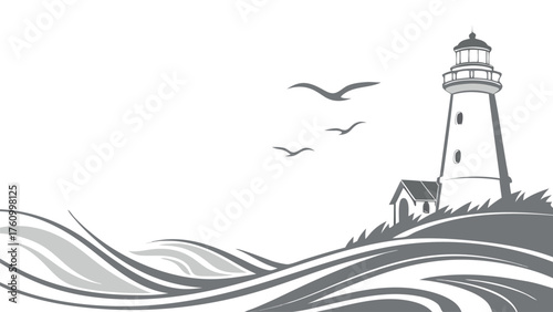 Lighthouse on a Hill with Seagulls and Waves vector