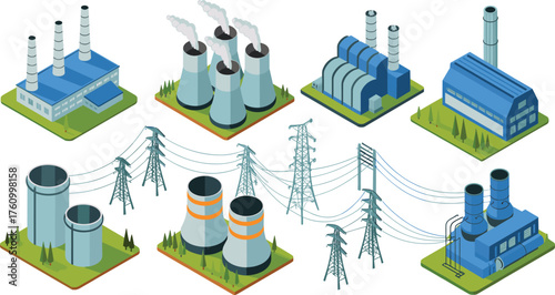isometric digital illustration of industrial power plants and electricity transmission network with cooling towers, chimneys, and energy production systems