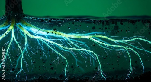 Scientific Illustration of Root System with Nerve-like Branches in Green and Blue Tones