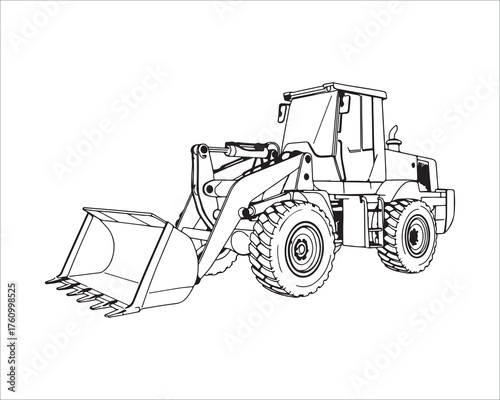 Outlined Heavy Duty Wheel Loader Construction Machine on White Background
