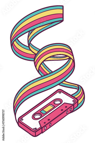Retro cassette tape with colorful unwound ribbon vintage