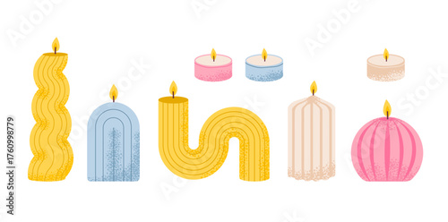 Cozy candles with soft glow and warm fragrance. Minimal candle set. Flat vector illustration.