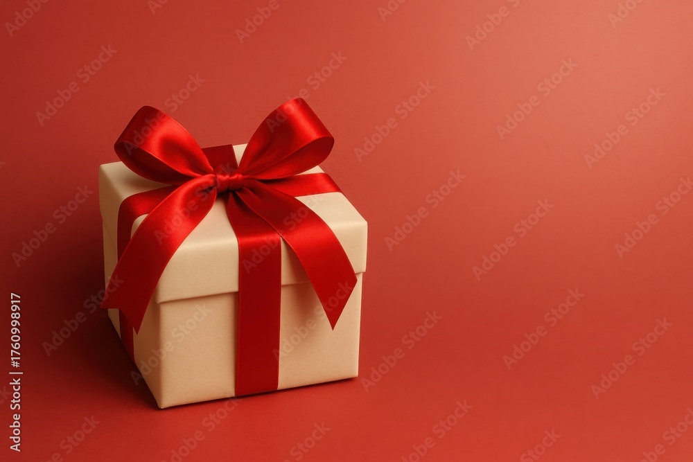 Obraz premium Beige gift box with red satin ribbon on warm red gradient background with space for text, festive minimal composition for Christmas or holiday marketing visuals