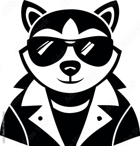 Stylish raccoon with sunglasses in trendy leather jacket Line Art Vector illustration