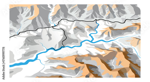 Stylized topographic map of mountain range with river and border