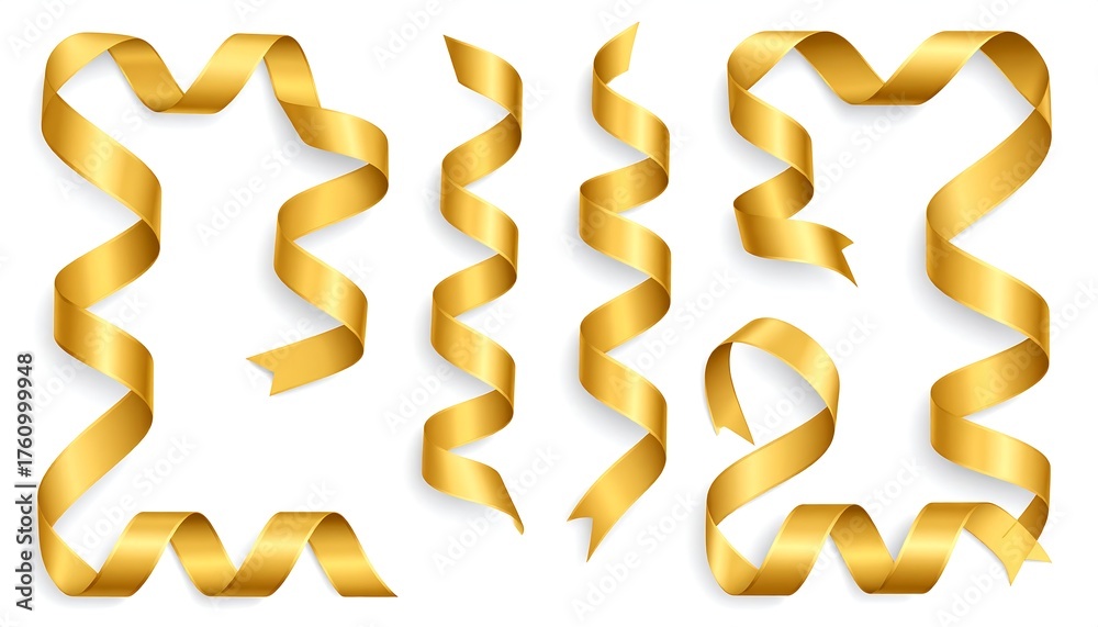 Fototapeta premium Assortment of golden-yellow ribbons in varying shapes and forms, isolated on white
