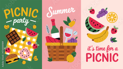 Summer Picnic Party Illustrations With Food, Drinks, and Basket