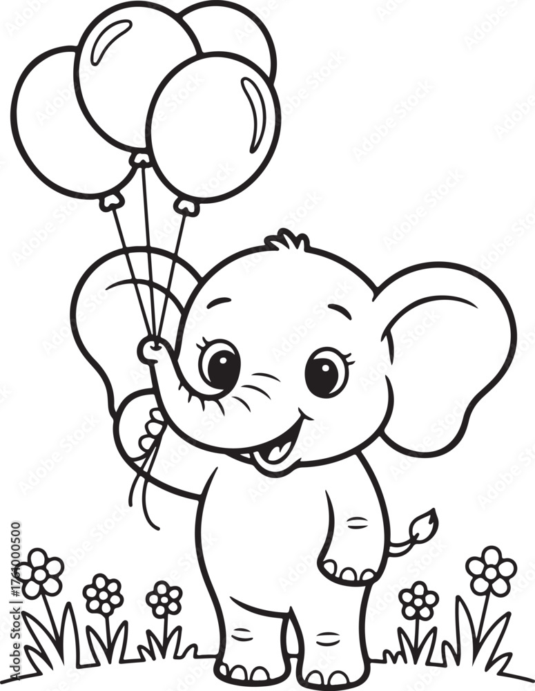 Fototapeta premium Cute Elephant Holding Balloons With Flowers Cartoon Style