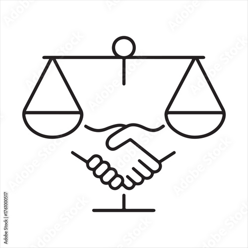 Symbolic illustration of justice and agreement with scales of justice and handshake