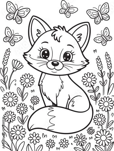 Charming Fox in Flowers Garden with Butterflies Outline