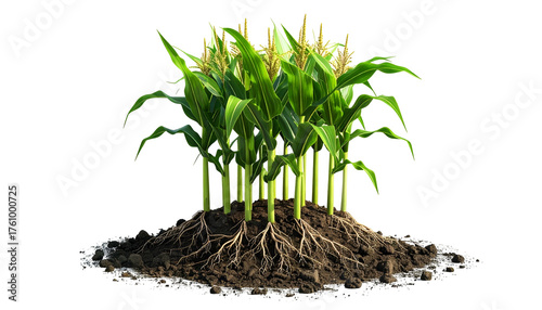 Lush green corn plants with exposed roots sprouting from a pile of dark soil against black