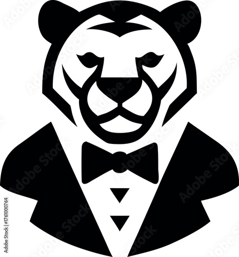 Confident tiger head wearing tuxedo with sharp features Line Art Vector illustration