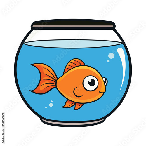Cute cartoon orange goldfish swimming in a round fishbowl with blue water silhouette isolated on white background