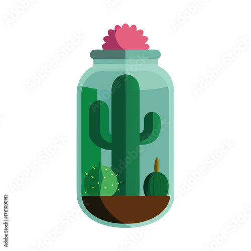 Green desert plant terrarium with a pink flower on top isolated on white background silhouette