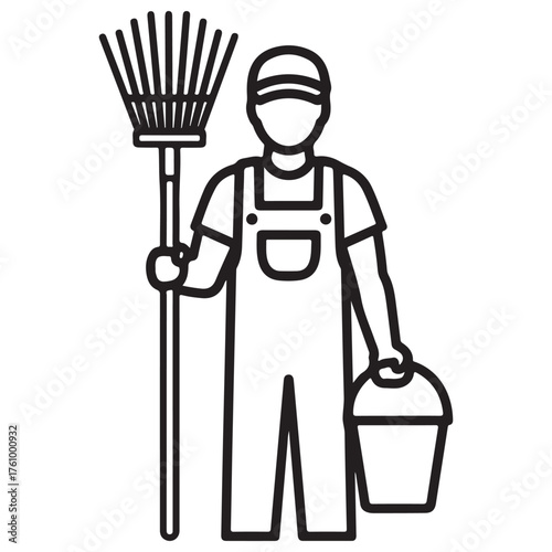 Monochromatic Line Art Icon of Worker Holding Rake and Bucket