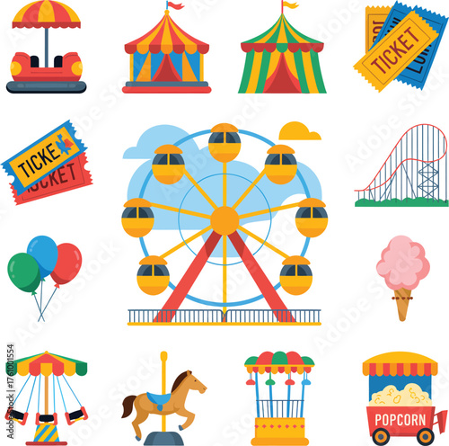 Colorful flat icon set of classic funfair attractions, featuring amusement park rides, carnival games, and festive elements for entertainment projects