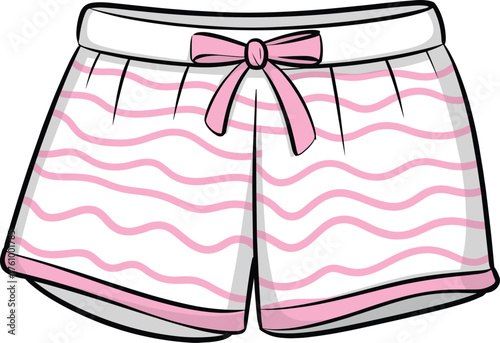 Flat vector illustration, white shorts, pink stripes, bow waistband, casual wear, sleepwear design, kids clothing