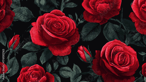 Luxurious red roses and green leaves on deep black background creating timeless vintage floral vector pattern for elegant decor.
