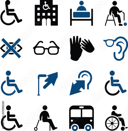 Accessibility and Healthcare Icons Set Featuring Disability, Medical, and Aid Symbols