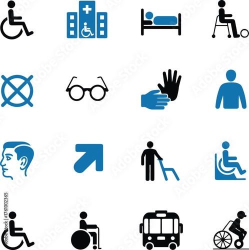 Medical and Accessibility Icon Collection in Blue and Black