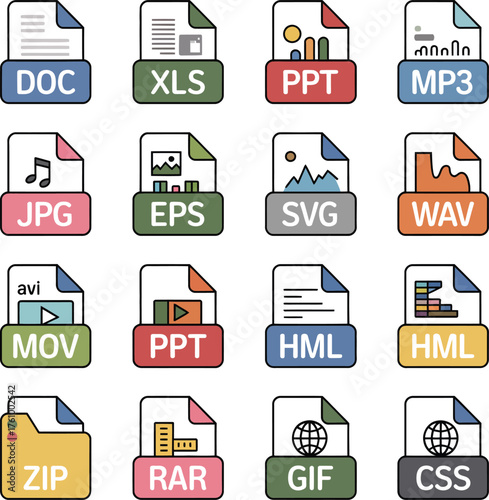 Comprehensive collection of various digital document and media file format icons for modern interface design and web development projects