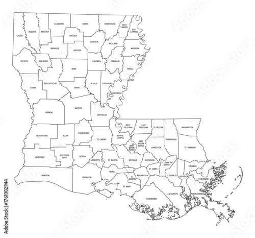 State of Louisiana, subdivided into 64 parishes, outline map. State in the Deep South and South Central regions of the United States, nicknamed Pelican State. Parishes correspond to counties. Vector