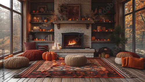 The epitome of cozy—a rustic cabin room bathed in the warmth of a fall fireplace and pumpkin glow
