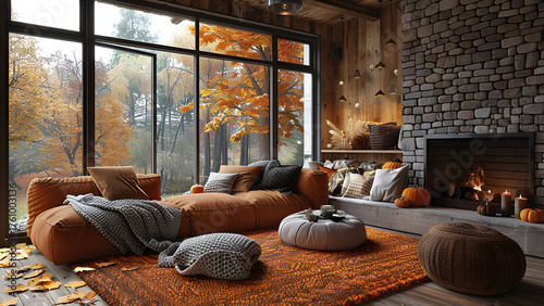An ultimate autumn sanctuary, where a plush, burnt-orange sofa faces a raging stone fireplace and a vibrant forest view