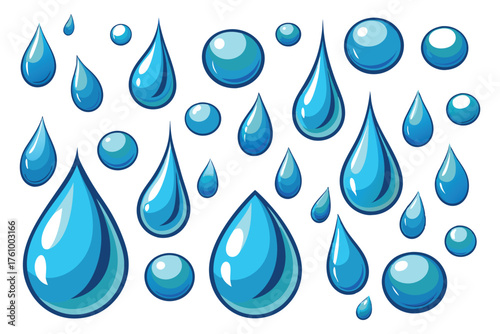 Blue Water Droplets Collection – Fresh Liquid Drops Illustration on White Background