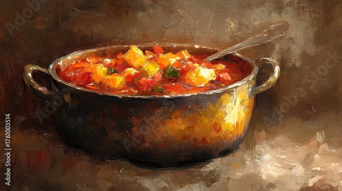 Close up of a rustic pot of warm stew with vegetables