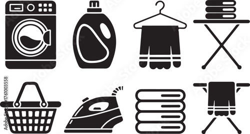 Laundry and Ironing Icons Silhouette Set Vector Illustration Representing Cleaning and Household Concept