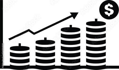 Growing stacks of coins with an upward trending arrow simple vector illustration for business growth and financial success isolated on white