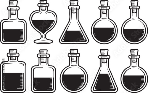 Potion Bottle Silhouette Set Vector Illustration Representing Magic and Fantasy Concept Design