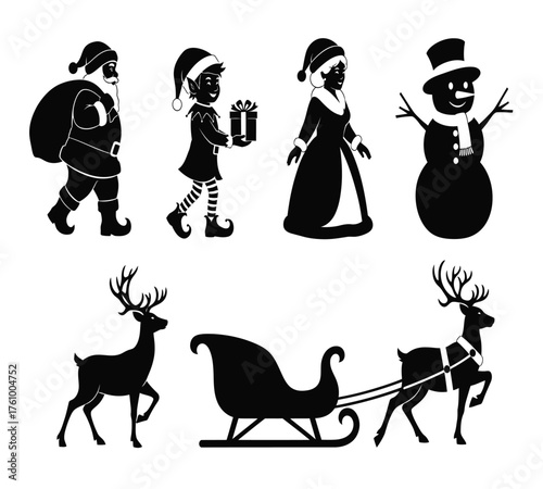 Vector art of silhouette christmas characters featuring santa claus, elf, mrs claus, snowman, reindeer, and sleigh, perfect for creating elegant and minimalist holiday designs