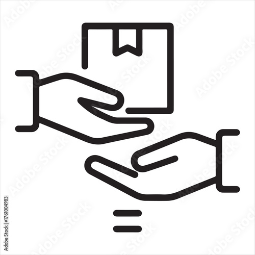 Simple line art icon of hands exchanging a package symbolizing delivery and shipping services