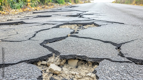 Damaged asphalt road showing cracks and broken surfaces