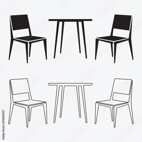 Set and bundle silhouette art vector design vector art of two dining table and chairs sets, one in solid black and the other in outline, , showcasing furniture design variations