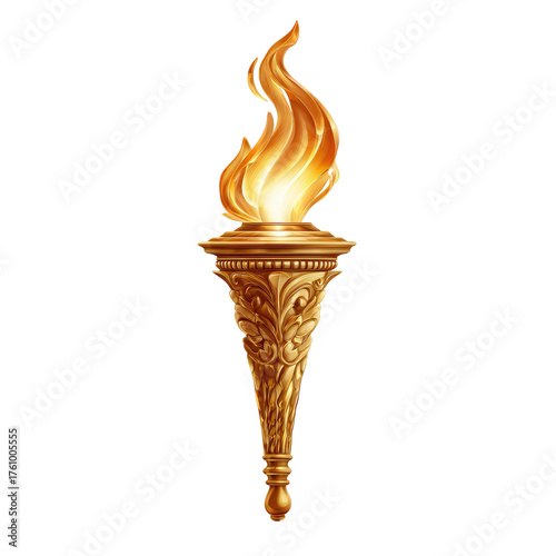 Golden torch with intricate design, flames ablaze