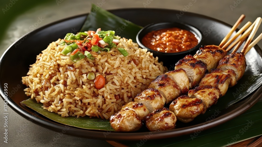 Fototapeta premium Delicious Indonesian Nasi Goreng Served with Chicken Satay