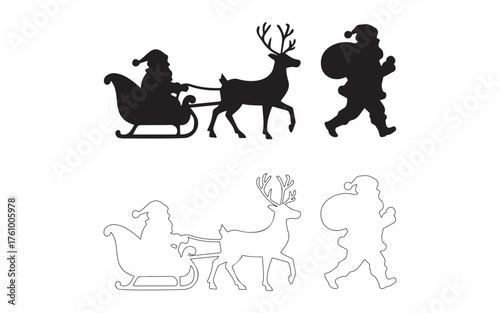 Christmas silhouettes of santa claus in a sleigh with reindeer and santa claus walking with a sack isolated on white background