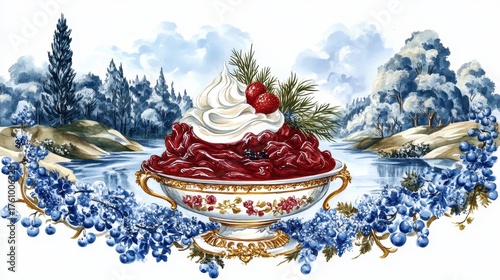 Dessert of cream and berries served in a beautiful bowl