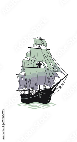 Majestic Tall Ship Sailing on the Open Sea with Full Sails.