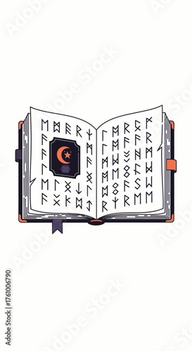 Open Book with Mystical Symbols and Crescent Moon.