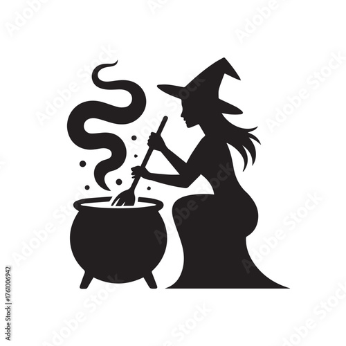 Vector art of witch silhouette stirring a cauldron with smoke